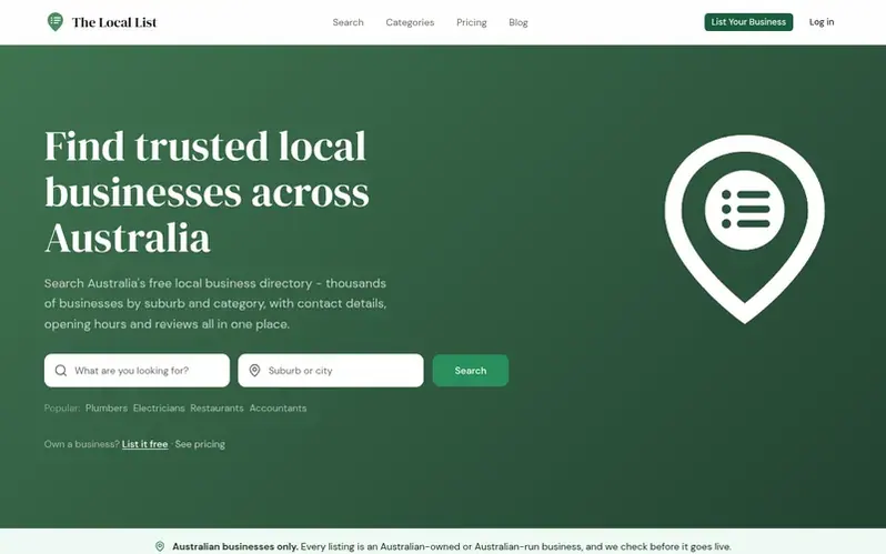 Screenshot of the The Local List homepage