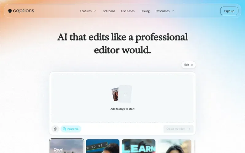 Screenshot of the Captions homepage