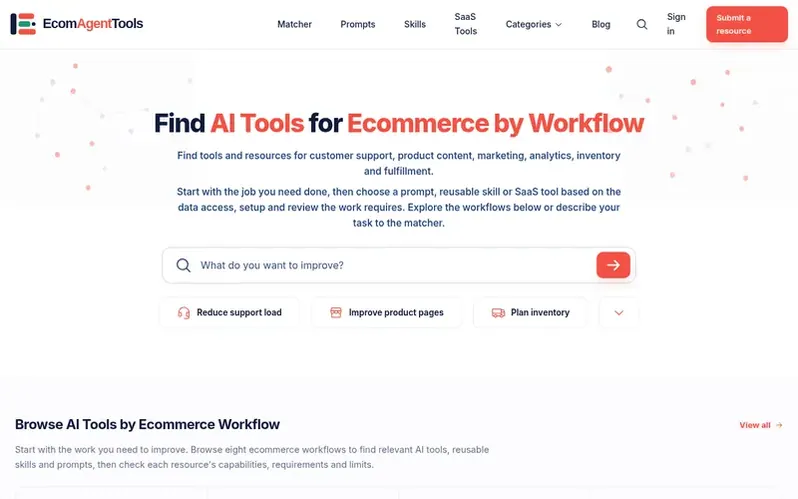 Screenshot of the EcomAgentTools homepage