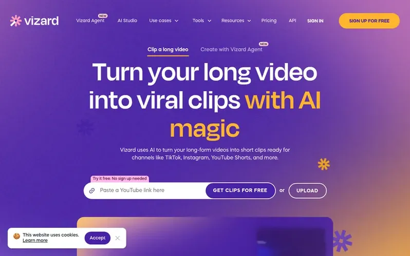 Screenshot of the Vizard.ai homepage
