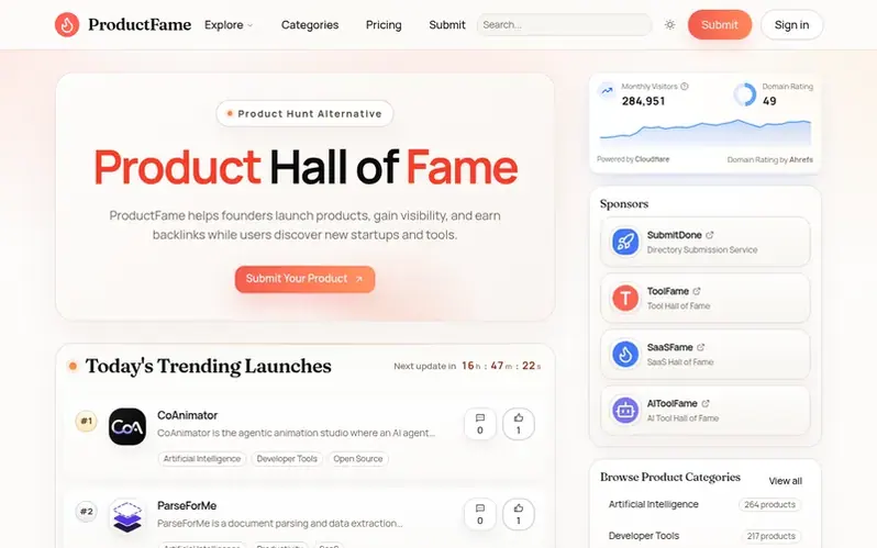 Screenshot of the ProductFame homepage