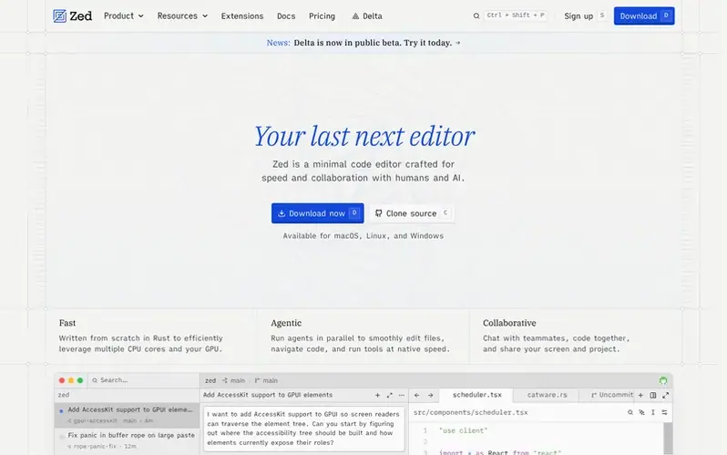 Screenshot of the Zed homepage