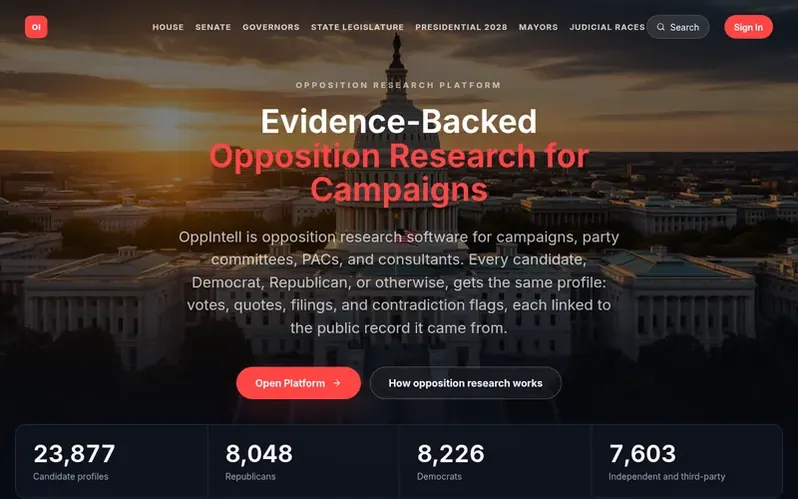 Screenshot of the OppIntell homepage