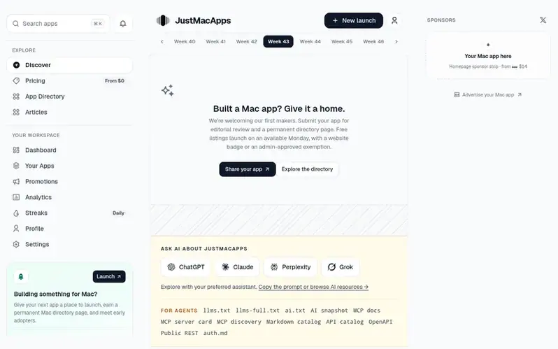 Screenshot of the JustMacApps homepage
