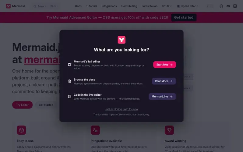 Screenshot of the Mermaid homepage