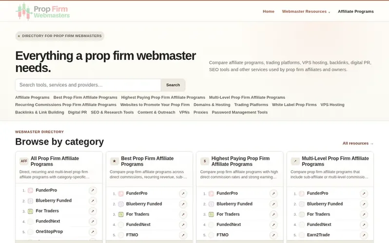 Screenshot of the Prop Firm Webmasters homepage