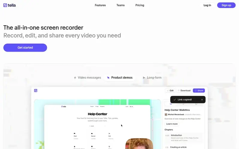 Screenshot of the Tella homepage