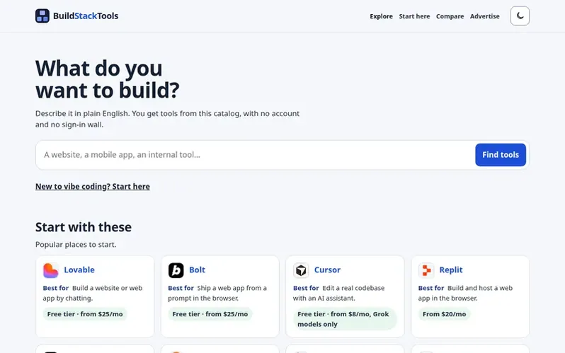 Screenshot of the Build Stack Tools homepage