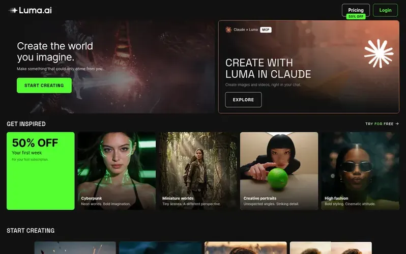 Screenshot of the Luma AI homepage