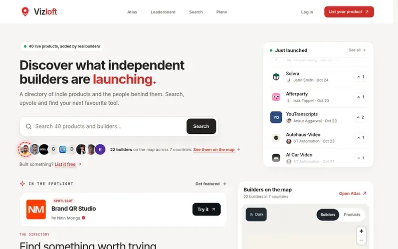 Screenshot of the Vizloft homepage