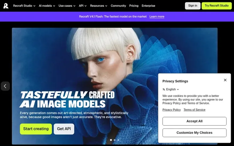 Screenshot of the Recraft homepage