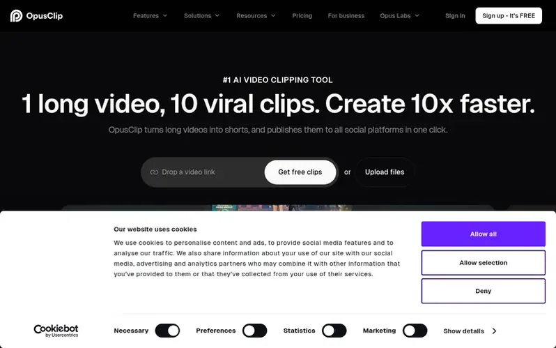 Screenshot of the OpusClip homepage